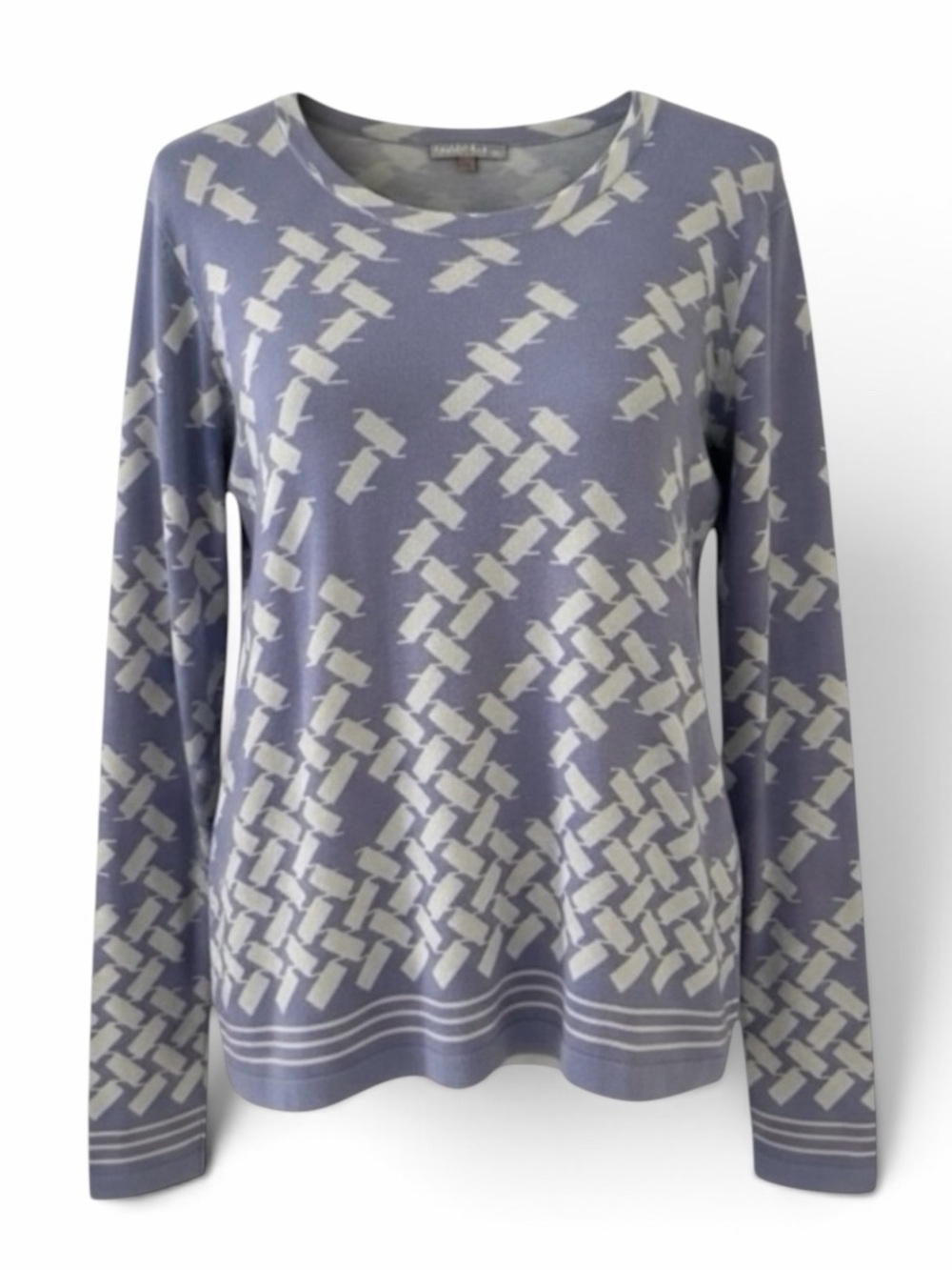 NEW Charlotte Kellogg Blue and Grey Print Long Sleeve Silk Cashmere Sweater